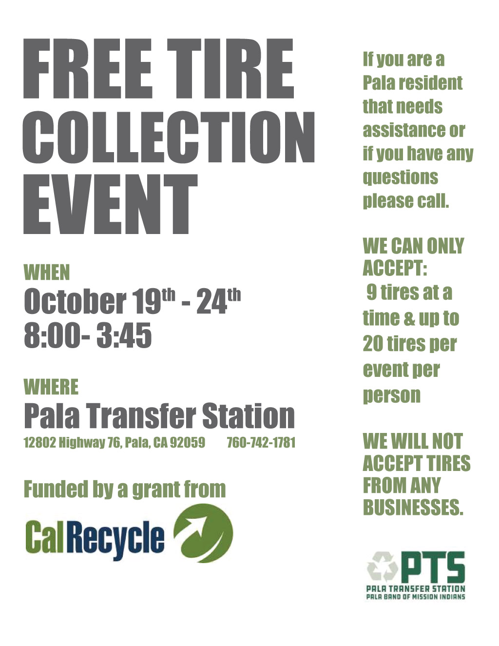 Pala Band California Environmental Department PED Transfer Station Tire Collection Event