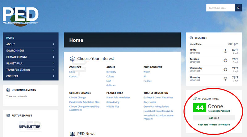 Pala Environmental Department PED Planet Pala Band of Mission Indians Logo Newsletter Discover This Palair.com Air Quality Monitor