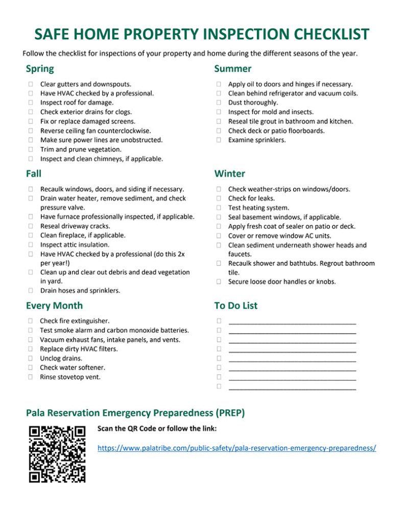 Pala Environmental Department PED Planet Pala Band of Mission Indians Logo Newsletter Take Action PREP Home Property Inspection List